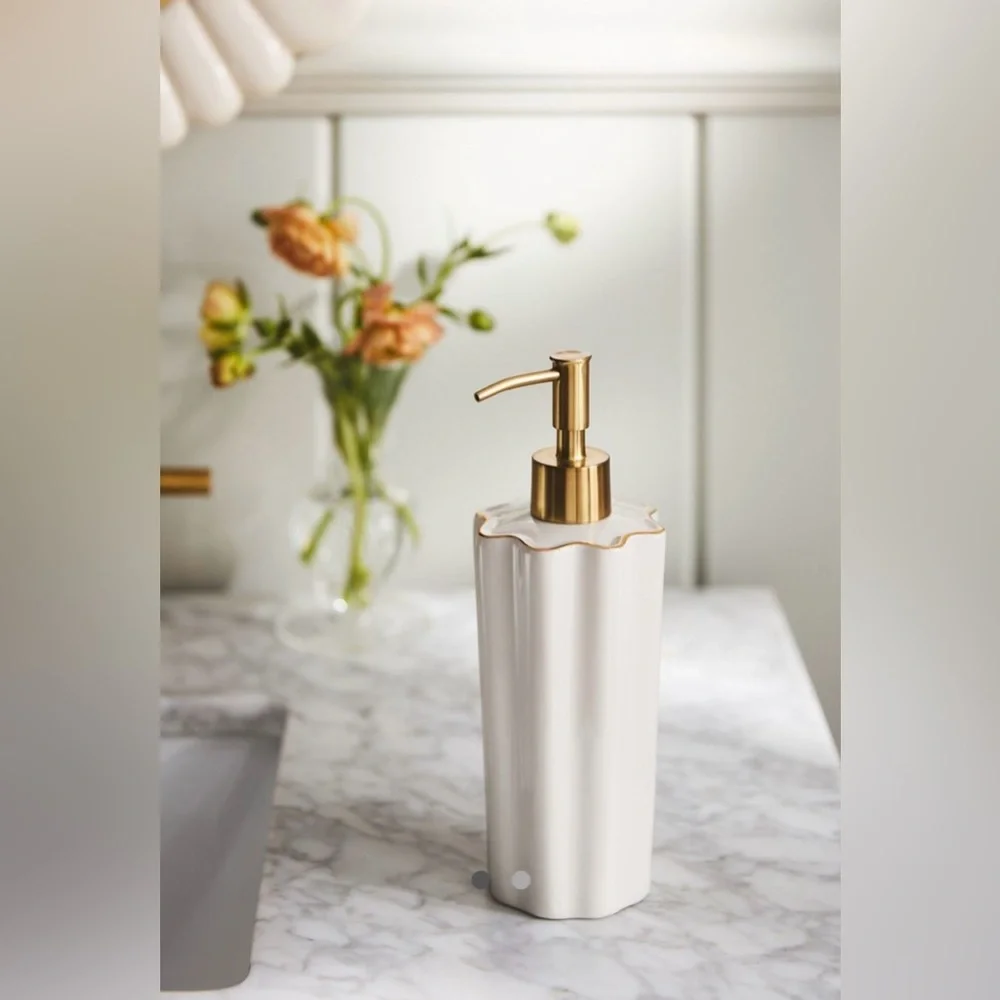 NWT Anthropologie Le Marais Scalloped Soap Dispenser Cream Gold Trim